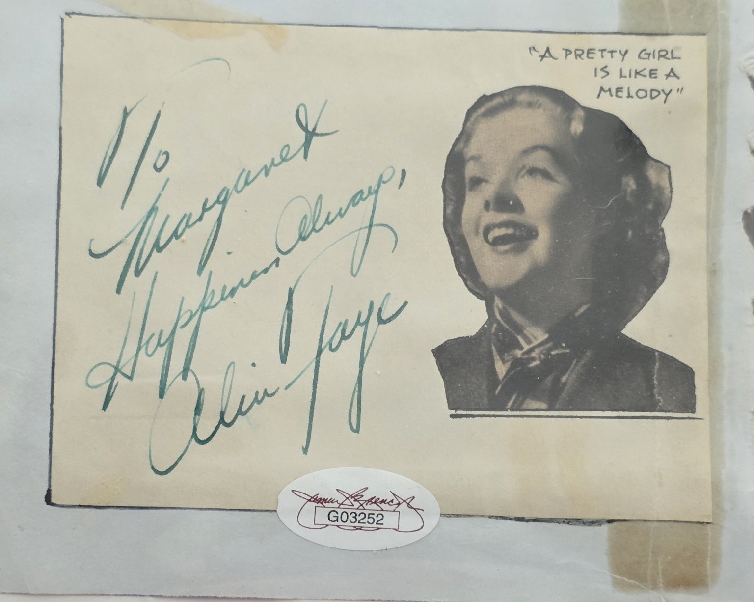 Alice Faye — Inscribed Autograph